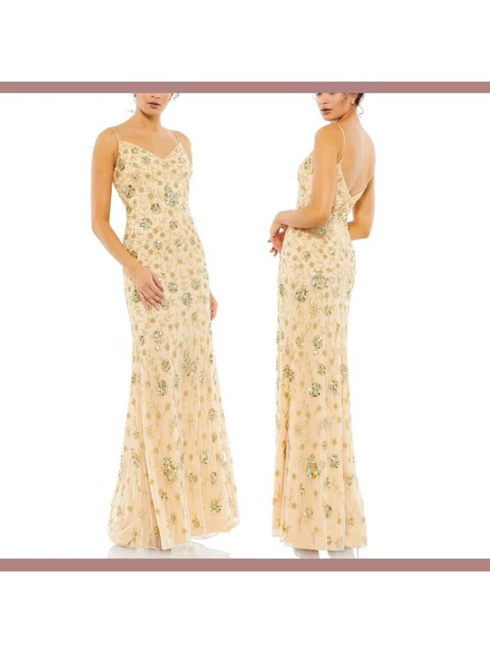 Mac Duggal Sleeveless Beaded Slip Dress Gold Floral Evening Gown Formal Event